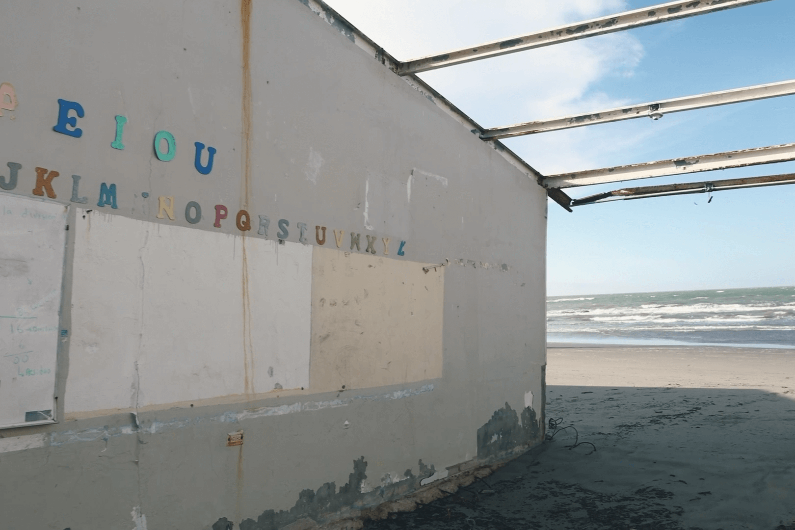 A derelict classroom on a beachfront