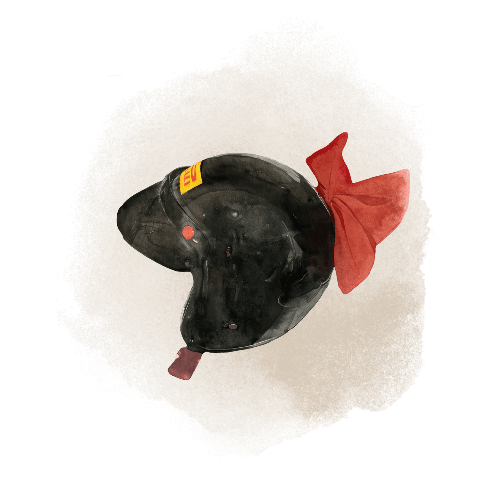 A watercolour illustration of Wu Puhui's object of memory: a bike helmet with a red ribbon