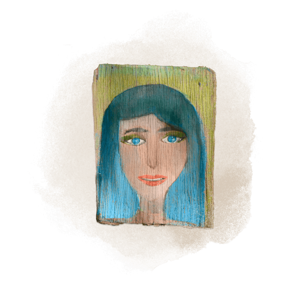 A watercolour illustration of one of Arnold's objects of memory: paintings on broken pieces of wood