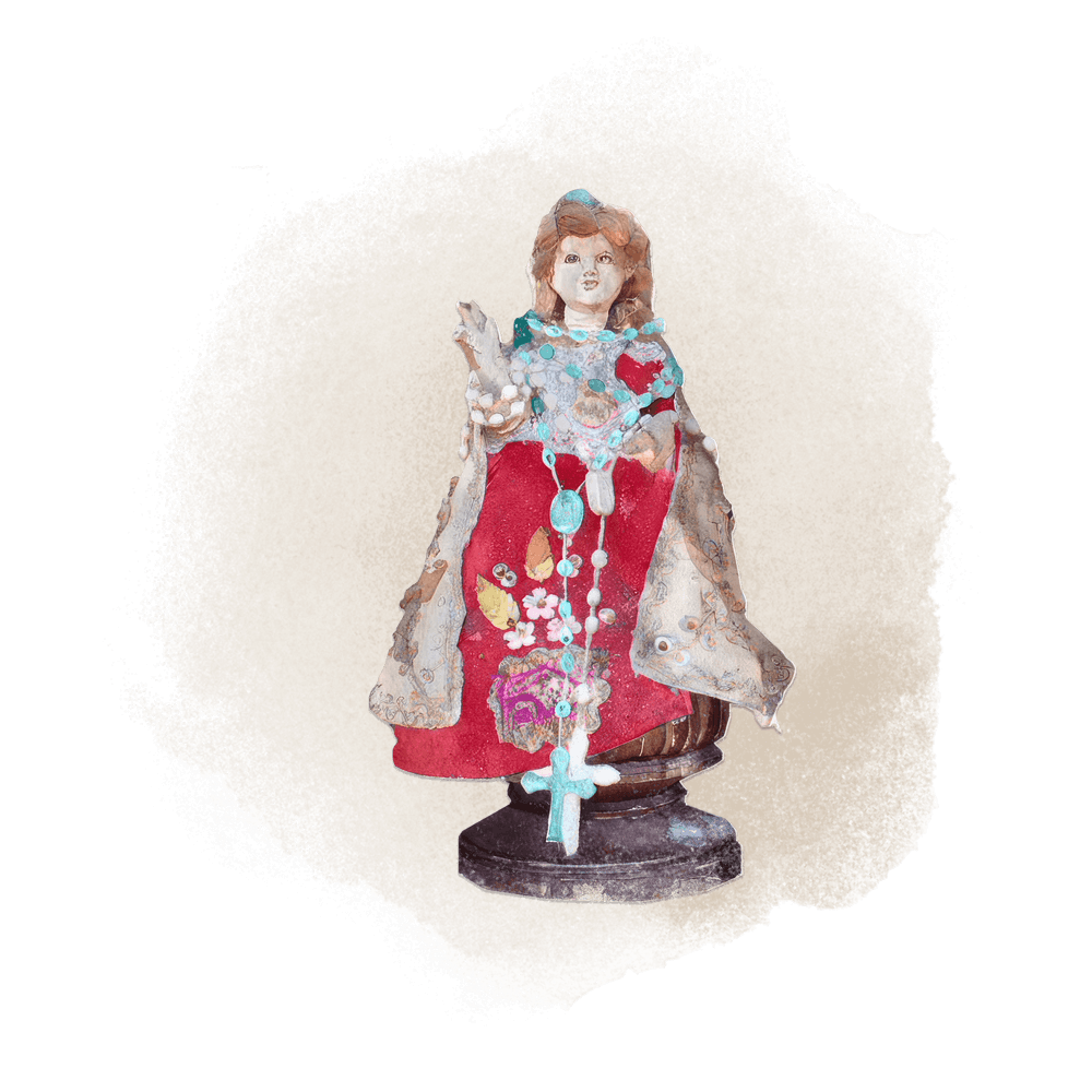 A watercolour illustration of Marciano's object of memory: a Santo Niño